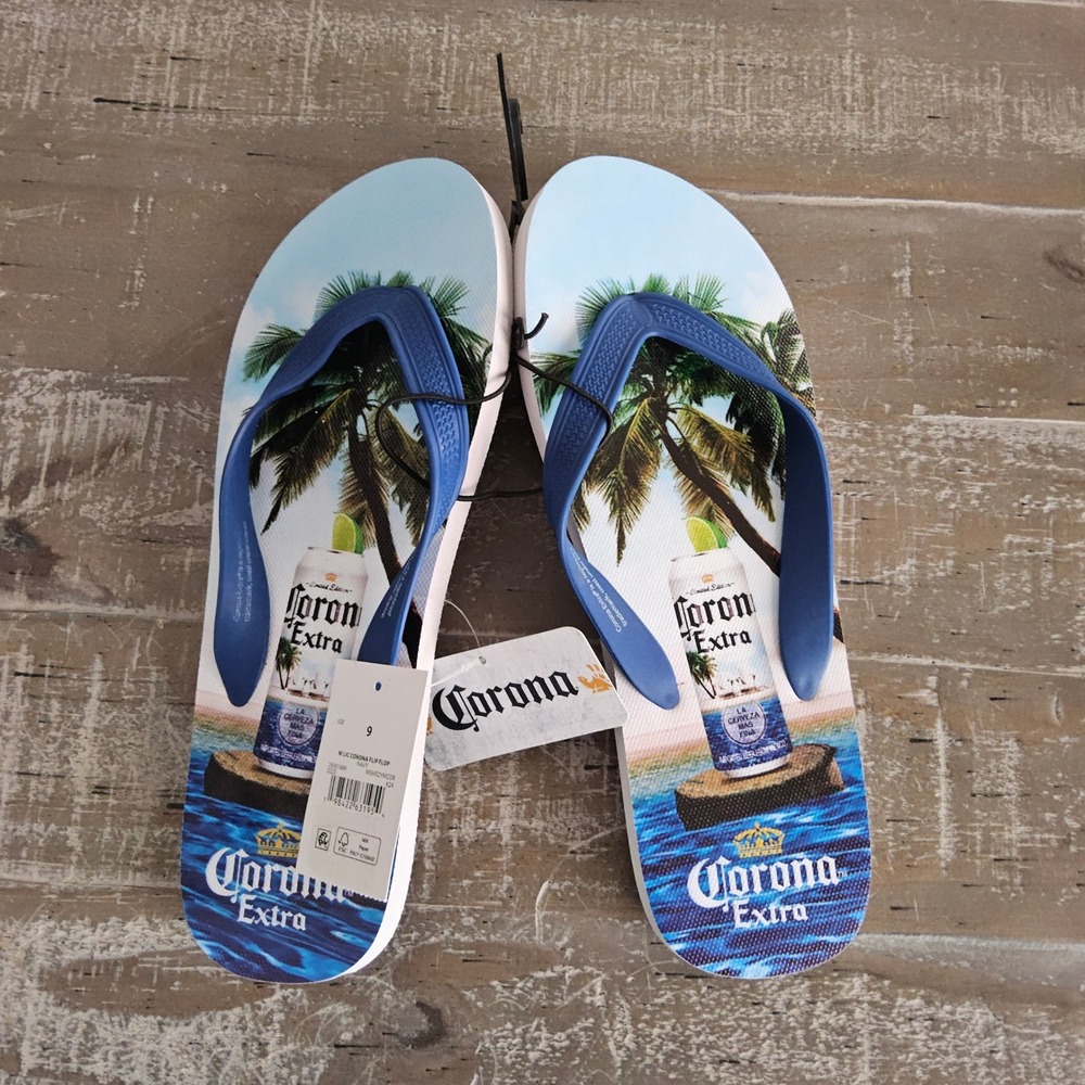 Corona Extra Beach Flip Flops‎ Size 9 Blue Palm Tree Beer  Tropical Island
